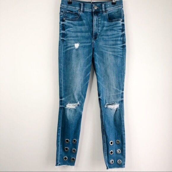 2/$30 Express Medium Wash Grommet Distressed High Rise Stretch Skinny Jeans - Picture 3 of 11